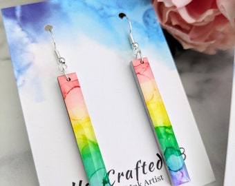 Pastel Rainbow Earrings, Rainbow Jewellery, LGBTQ+ Pride Gift, Alcohol Ink Painting, Hypoallergenic Lightweight, Long Dangle Drop, Resin Art