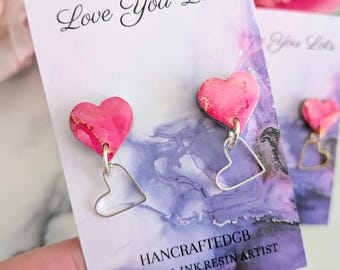 Pink Heart Resin Earrings, Alcohol Ink Heart Stud Earrings, Handmade Dangle Earrings, Valentine Jewelry Gift, Love You Lots Gift for Her