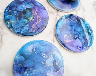 Set of 4 Ceramic Coasters, Purple Teal Gold Homeware, Alcohol Ink Art, Modern Home, Dining Living Room Decor, New Home Birthday Gift UK