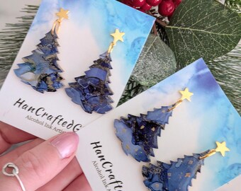 Alcohol Ink Christmas Tree Earrings, Navy Blue Gold Festive Dangle Earrings, Starry Sky Art, Handmade Holiday Jewellery, Unique Gift for Her