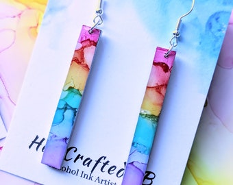 Pastel Rainbow Earrings, Rainbow Jewellery, LGBTQ+ Pride Gift, Alcohol Ink Painting, Hypoallergenic Lightweight, Long Dangle Drop, Resin Art