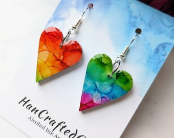 Rainbow Heart Dangle Earrings: Alcohol Ink Art, Hypoallergenic Silver
