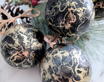 Set of 4 Midnight Opulence Hand Painted Baubles,  Black & Gold Alcohol Ink Art, Elegant Shatterproof Lightweight Christmas Ornaments, 6cm