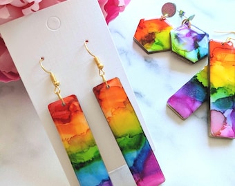 Rainbow Dangle Earrings, Colourful Resin Statement Jewellery, Handmade Gift for Her, Pride Earrings UK