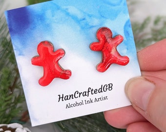 Gingerbread Man Stud Earrings, Red Statement Jewellery, Alcohol Ink Painting, Hypoallergenic Lightweight, Resin, Christmas Gift UK