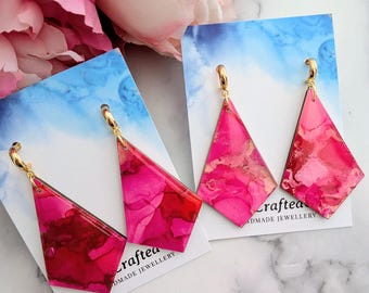 Alcohol Ink Art Earrings, Marble Design, Resin Wooden Jewellery, Pink Statement Earrings, Gift for Her UK, Wedding Accessories