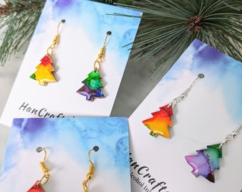 Mini Rainbow Christmas Tree Earrings, Alcohol Ink Painting, Hypoallergenic Lightweight, Quirky Jewellery, Small Dangle Drop, Resin Art Gift