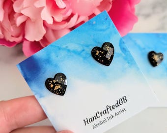 Black Gold Faceted Heart Stud Earrings, Delicate Sparkly Resin Studs, Black Heart Jewellery, Handmade Gift for Her, Elegant Jewelry Gift UK