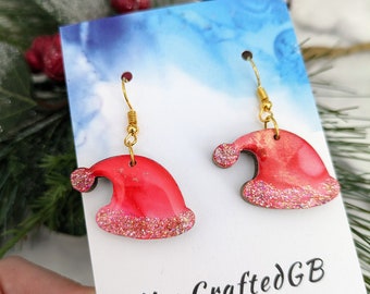 Santa Hat Christmas Earrings, Red Statement Jewellery, Alcohol Ink Painting, Hypoallergenic Lightweight, Dangle Drop, Resin, Christmas Gift