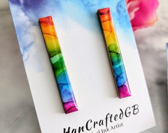 Rainbow Stud Earrings, Rainbow Jewellery, LGBTQ+ Pride Gift, Alcohol Ink Painting, Hypoallergenic Lightweight, Long Oblong Studs, Resin Art