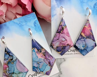 Abstract Alcohol Ink Art Earrings, Resin Wooden Jewellery, Silver Statement Earrings, Gift for Her UK