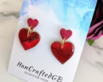 Red Love Heart Stud Earrings, Alcohol Ink Art, Lightweight Hypoallergenic, Resin Wooden Jewellery, Small Statement, Valentines Gift UK