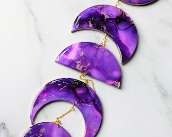 Moon Phase Wall Hanging Garland, Boho Wall Decor, Purple Galaxy Home Accessories, Alcohol Ink Art, Unique Gift for Her Mum, Birthday Gift UK