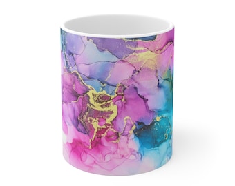 Abstract Alcohol Ink Swirl Mug | Pink Purple Blue Marble 11oz
