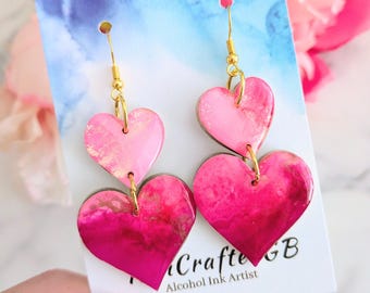 Pink Ombre Heart Earrings, Handmade Alcohol Ink Art, Hypoallergenic Jewelry, Love Jewellery, Gift for Her, Unique Valentines Gift