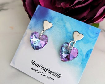 Heart Charm Earrings, Glass Acrylic Jewellery, Lightweight Hypoallergenic, Silver Drop, Fun  Quirky Statement, Birthday, Valentine's Gift UK