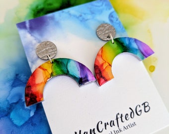 Rainbow Shaped Earrings, Rainbow Jewellery, LGBTQ+ Pride Gift, Alcohol Ink Painting, Hypoallergenic Lightweight, Stud Dangle Drop, Resin Art