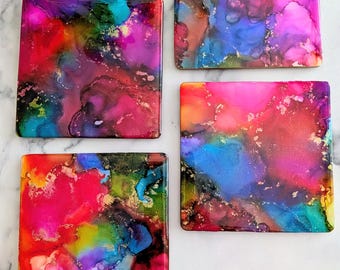 Rainbow & Gold Alcohol Ink Coaster Set of 4, Hand painted Rainbow Decor, Wooden Coasters with Resin Art, Handmade Gift for the Home