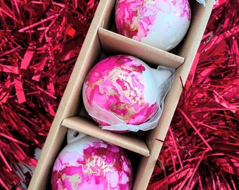 Set of 3 Pink Gold Decorations, Marbled Alcohol Ink Christmas Baubles: Hand-Painted Ceramic Ornaments