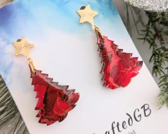 Red Christmas Tree Earrings: Handmade Alcohol Ink Resin Art, Holiday Gift for Her, Statement Red Gold Festive Jewellery