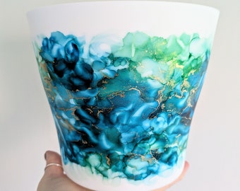 Lagoon Blue Painted Indoor Planter, Drainage Saucer, Alcohol Ink Painting Design, Pen Holder, Desk Decor, Teacher Thank, Birthday Gift UK