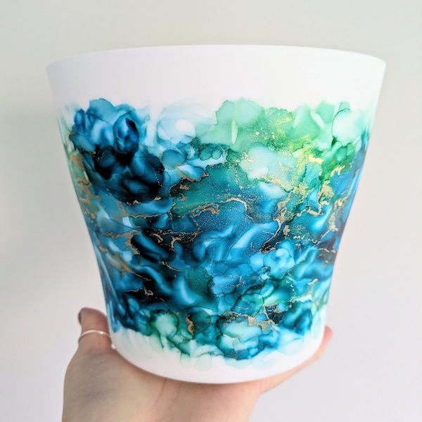 Lagoon Blue Alcohol Ink Painted Planter with Drainage Saucer