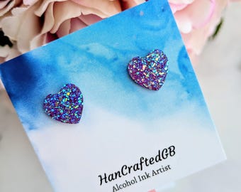 Purple Druzy Heart Earrings, Sparkly Resin Studs, Glitter Heart Jewellery, Handmade Gift for Her, UK Small Business