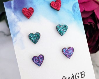 Set of Heart Studs, Glitter Jewellery, Small Earrings, Hypoallergenic, Valentines Galentines Day Gift for Her UK