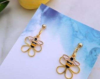 Bee and Flower Earrings, Gold Dangle Drops, Mother's Day Gift UK, Spring Jewellery, Bee Accessories