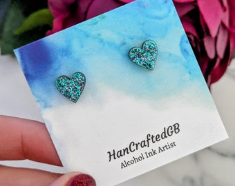 Ocean Blue Heart Studs, Glitter Jewellery, Small Earrings, Hypoallergenic Lightweight, Birthday Mother's Day, Valentine's Galentines Gift UK