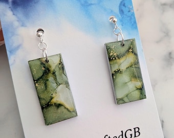 Sage Green Alcohol Ink Earrings, Marble Pattern Jewelry, Hypoallergenic Silver Dangles Studs, Spring Easter Gift, Gift for Earring Lover