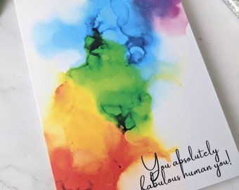 Rainbow Card UK, Birthday, Teacher Thank You Gift, Thinking of You, Best Friend Card, Colourful Unique, Alcohol Ink Painting, Unisex, A6