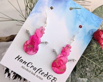 Snowman Christmas Earrings, Pink & Gold Alcohol Ink Resin Art, Hypoallergenic, Holiday Festive Jewellery
