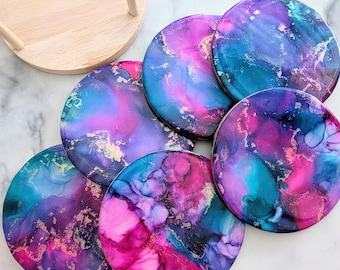 Pink, Purple, Gold Alcohol Ink Coaster Set of 6, Hand painted Galaxy Decor, Round Wooden Coasters with Resin Art, Handmade Gift for the Home