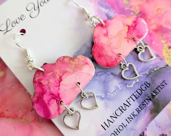 Pink Cloud Dangle Earrings, Love Heart Jewellery, Alcohol Ink Art, Weather Jewelry, Valentines Earrings, Gift for Girlfriend