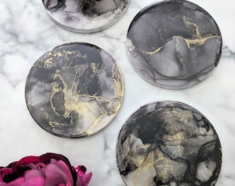 Set of 4 Ceramic Coasters, Black Grey Gold Homeware, Alcohol Ink Art, Modern Home Decor, Dining Kitchen Decor, New Home Birthday Gift UK