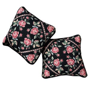 Needlepoint Flower Roses Throw Pillows Decorative Black Background Square French Country 12”x12”