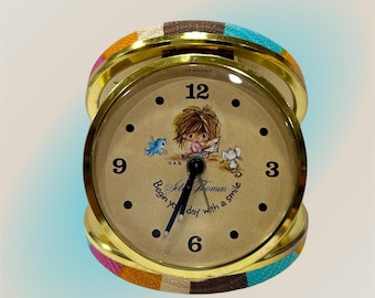 Seth Thomas Vintage Kids Child Travel MCM Clock Fun Multicolor Striped Fabric Cover Germany Round Rare Childs Room Nursery Decor 1970's
