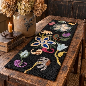 Vintage Hand Hooked Floral Rug Textile Panel Black Folk Art Primitive Decor Vibrant Colors