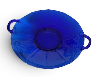 Martinsville Glass Company Addie Twaalfpunts Serveerschaal Kobaltblauw Handvatten Art Deco