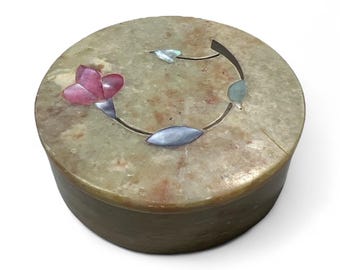 Vintage Round Stone Trinket Jewelry Box Floral Inlay Colored Mother of Pearl Marble 3.5" Round Lidded Pink Blue