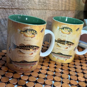 May include: Two ceramic coffee mugs with a fishing theme. The mugs have a cream-colored background with illustrations of different fish species, including Bluegill and Largemouth Bass. The interior rim is green, and each mug has a white handle.