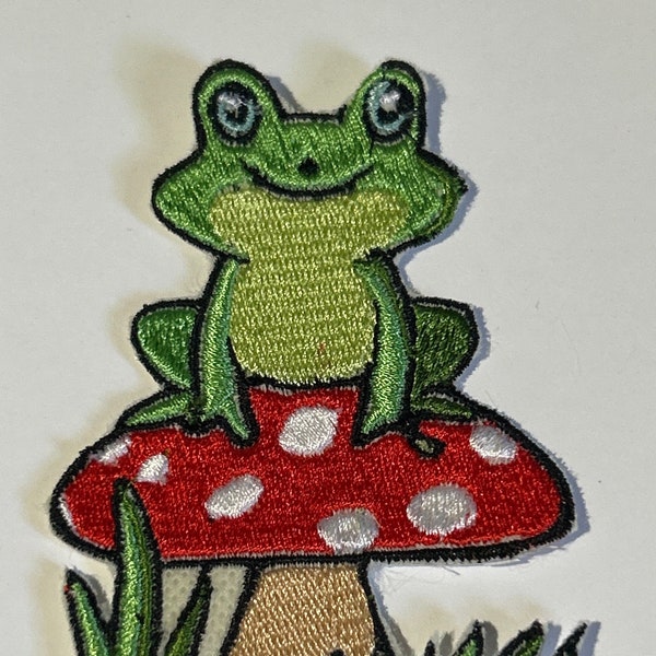 Cute Little Frog Sitting on Red Toadstool, Happy Frog Iron on Patch