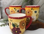 Sunset Bouquet by Oneida Set of 3 mugs Excellent Red Yellow Rust Floral