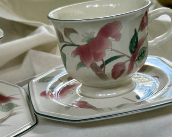 Mikasa Silk Flowers Cups and Saucers Set of Four | Vintage Floral Teacups with Matching Saucers | Mikasa Continental