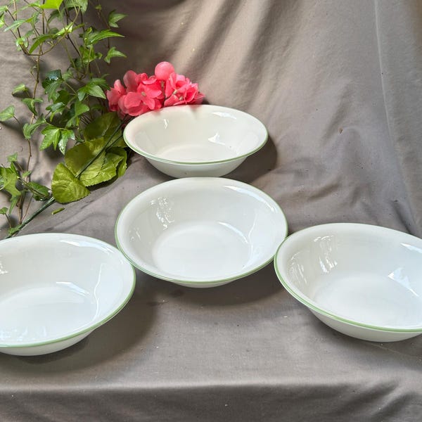 Set of 4 Corelle Bowls – Fresh Cut Green Rim, Vintage Lightweight Dinnerware