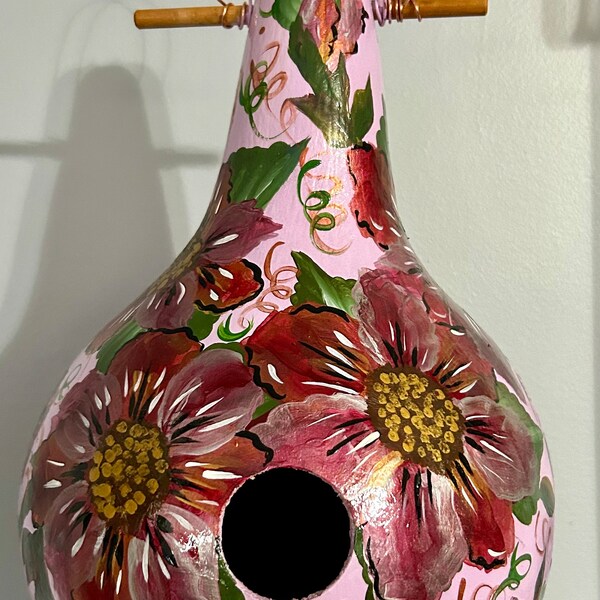 Large Gourd Birdhouse Lavender Background, Flowers Painted in metallics- Copper, Gold, silver, Wine- very vibrant and eye- catching!