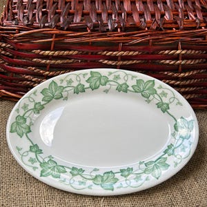 May include: White oval ceramic plate with a green ivy vine border. The plate is on a brown burlap surface.