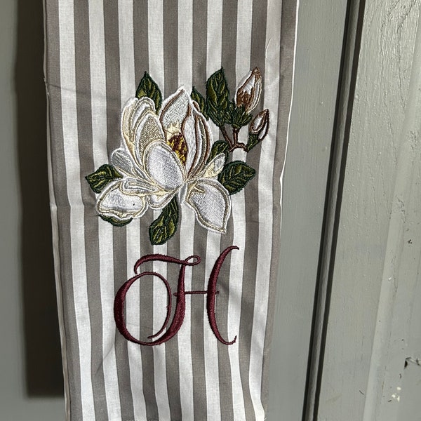 Magnolia Monogrammed Decorative Kitchen Tea Towel Original artwork Gray and White Stripe Cotton