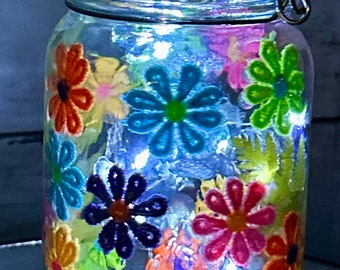 Mason Jar Solar Fairy Light Lantern Colorful Daisies Flower Garden  Pint size